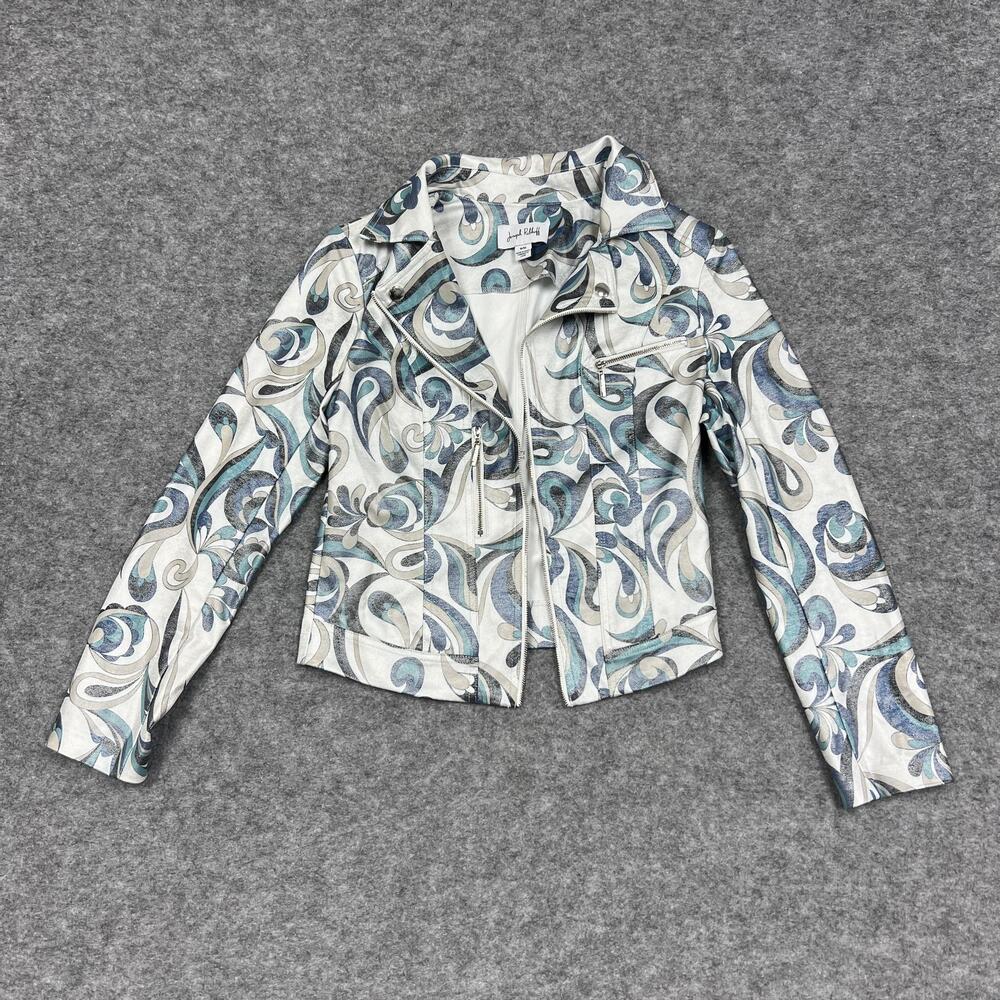 Joseph Ribkoff Jacket Womens M White Blue Faux Suede Geometric Moto Casual